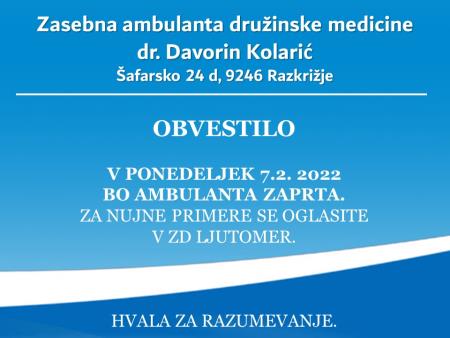 Obvestilo - Dr. Kolarić